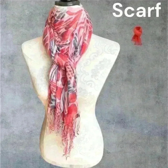 Scarf w/fringes red  blue and white - Picture 4 of 9